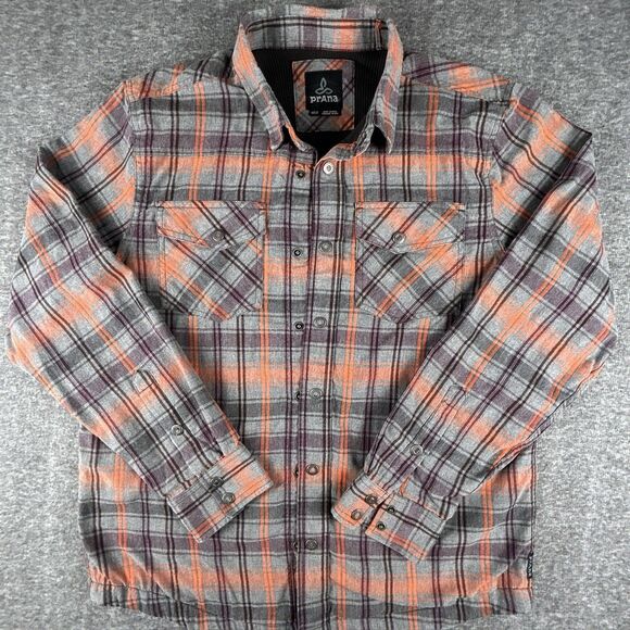 prAna Other - Prana Asylum Flannel Jacket Men's L Thermal Lined Snap Button Orange Gray Hiking